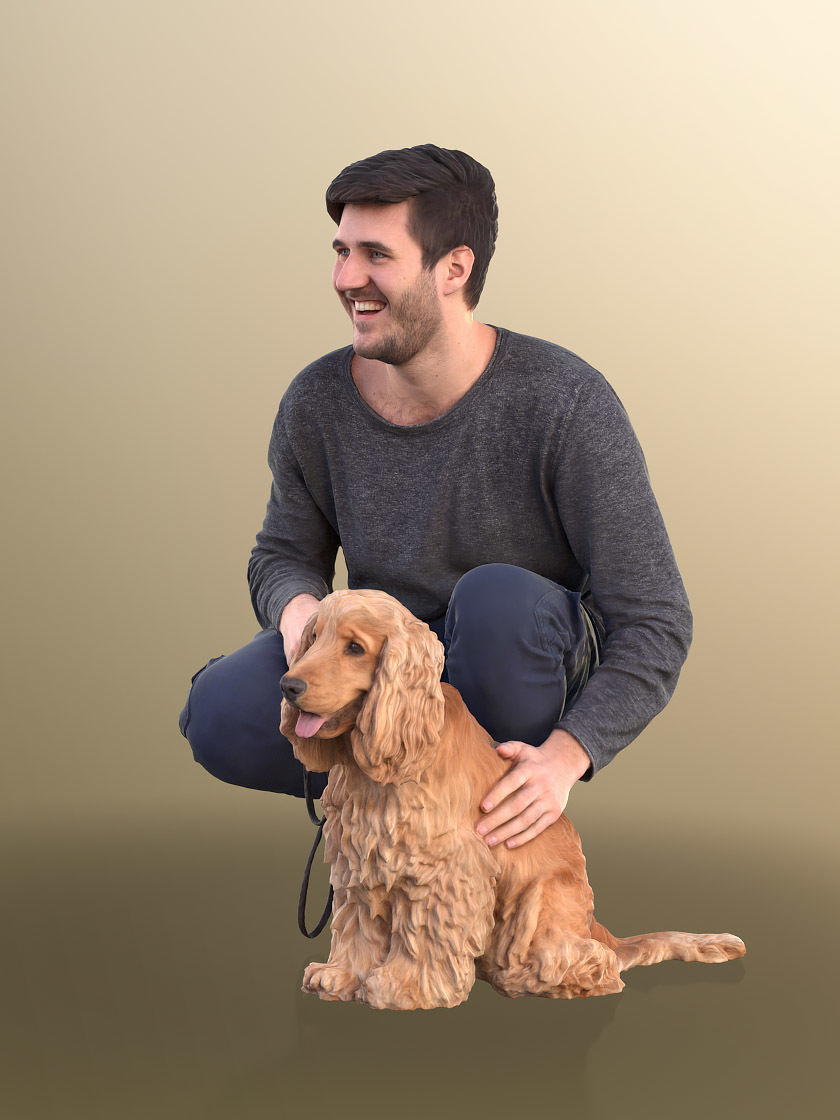 Sean Teddy 10791 - Casual Man With His Dog Crouching Low-poly 3D model_3