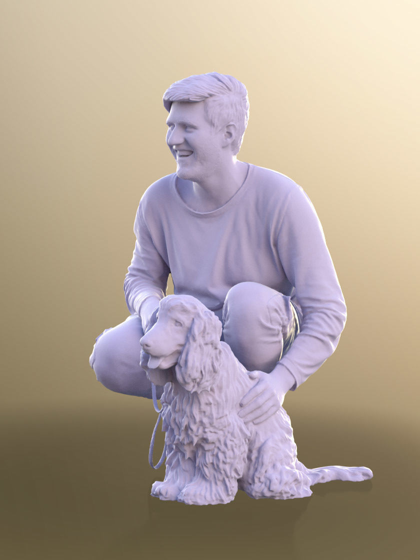 Sean Teddy 10791 - Casual Man With His Dog Crouching Low-poly 3D model_5