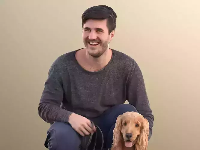 Sean Teddy 10791 - Casual Man With His Dog Crouching