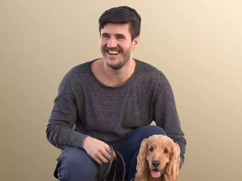 Sean Teddy 10791 - Casual Man With His Dog Crouching Low-poly 3D model_0