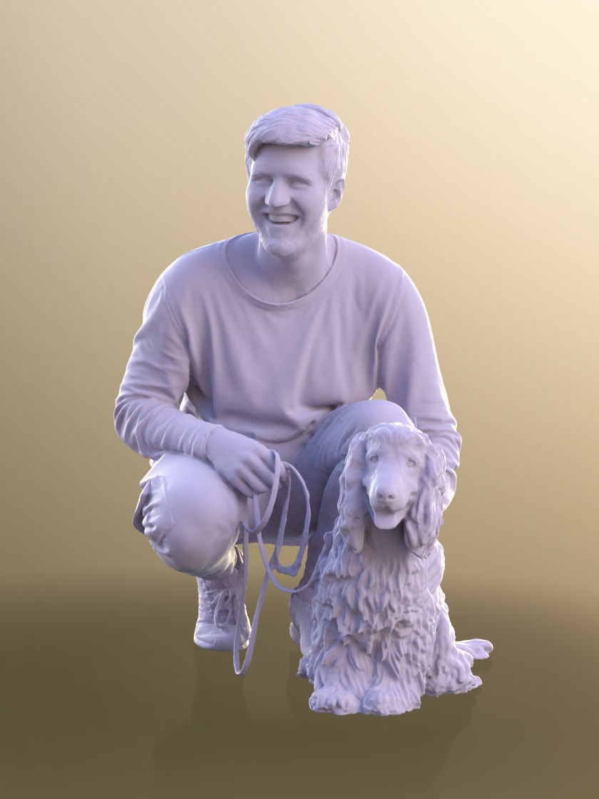 Sean Teddy 10791 - Casual Man With His Dog Crouching Low-poly 3D model_4