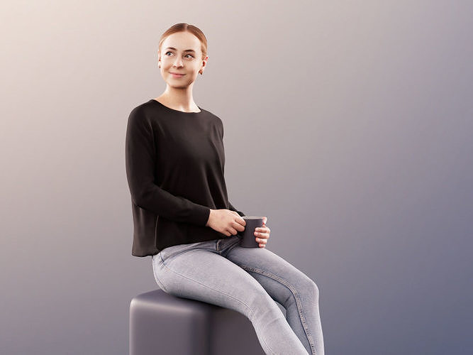 Celine 11452 - Casual Woman Sitting Holding A Cup Looking Around Low-poly 3D model