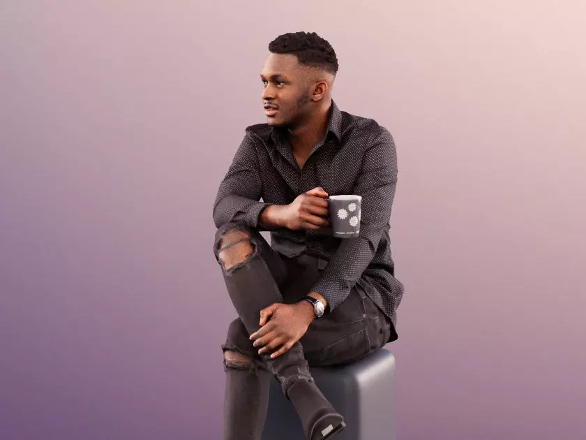 Danny 11740 - Black Man Sitting And Holding A Cup Low-poly 3D model_0