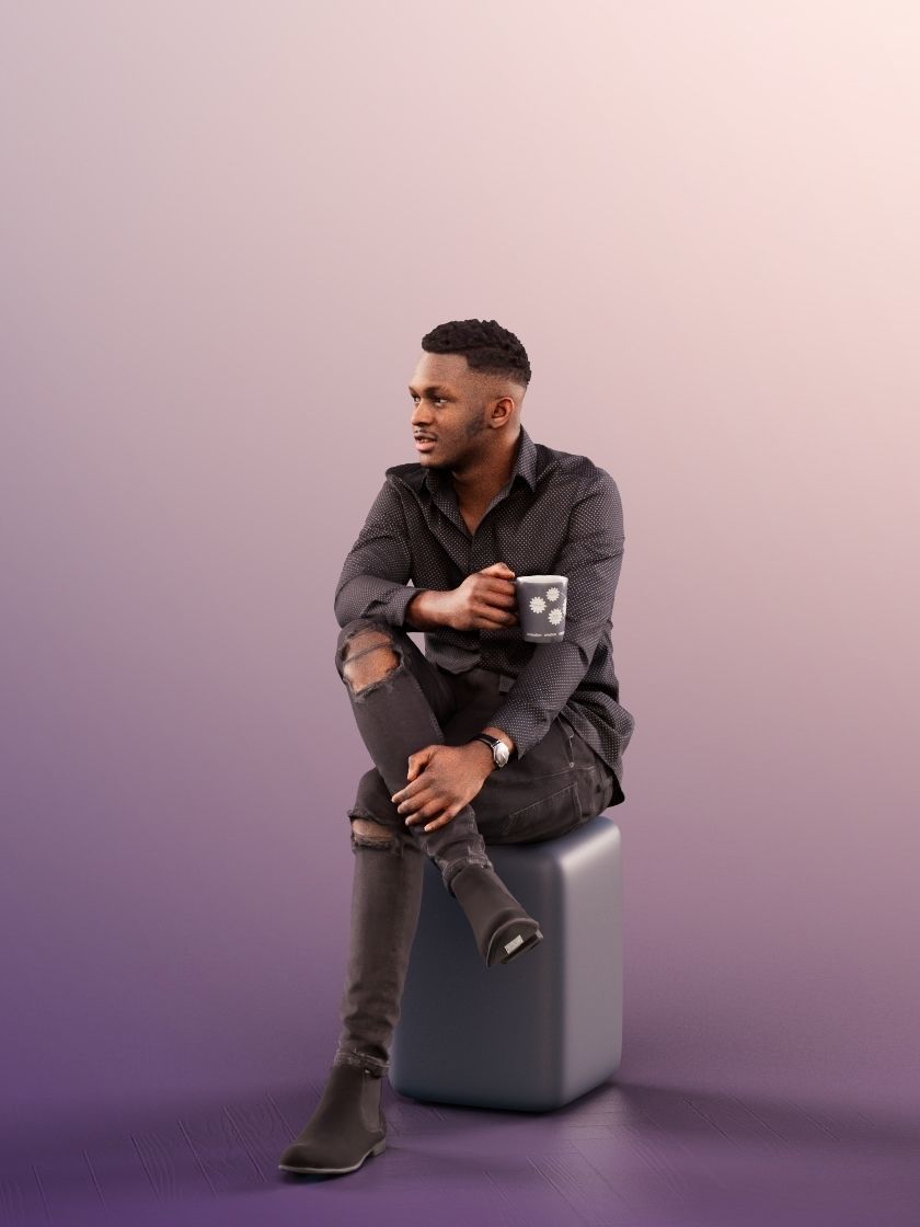 Danny 11740 - Black Man Sitting And Holding A Cup Low-poly 3D model_2