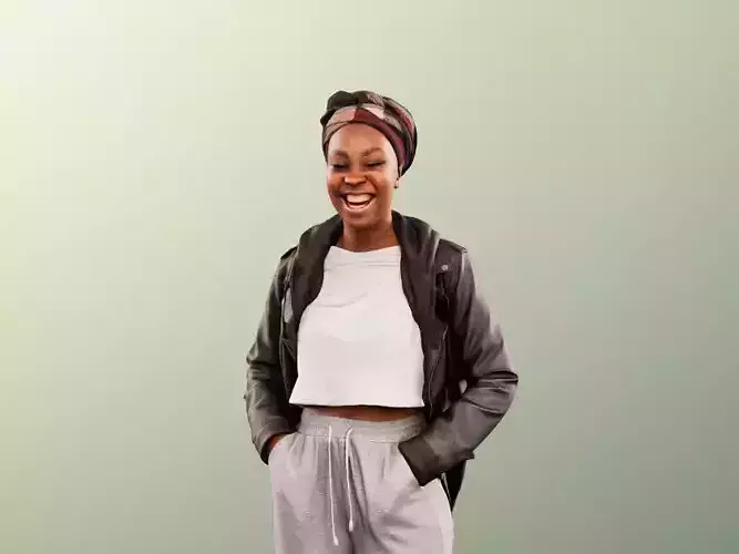 Rae 12040 - Black Woman Standing And Laughing Hands In Pockets