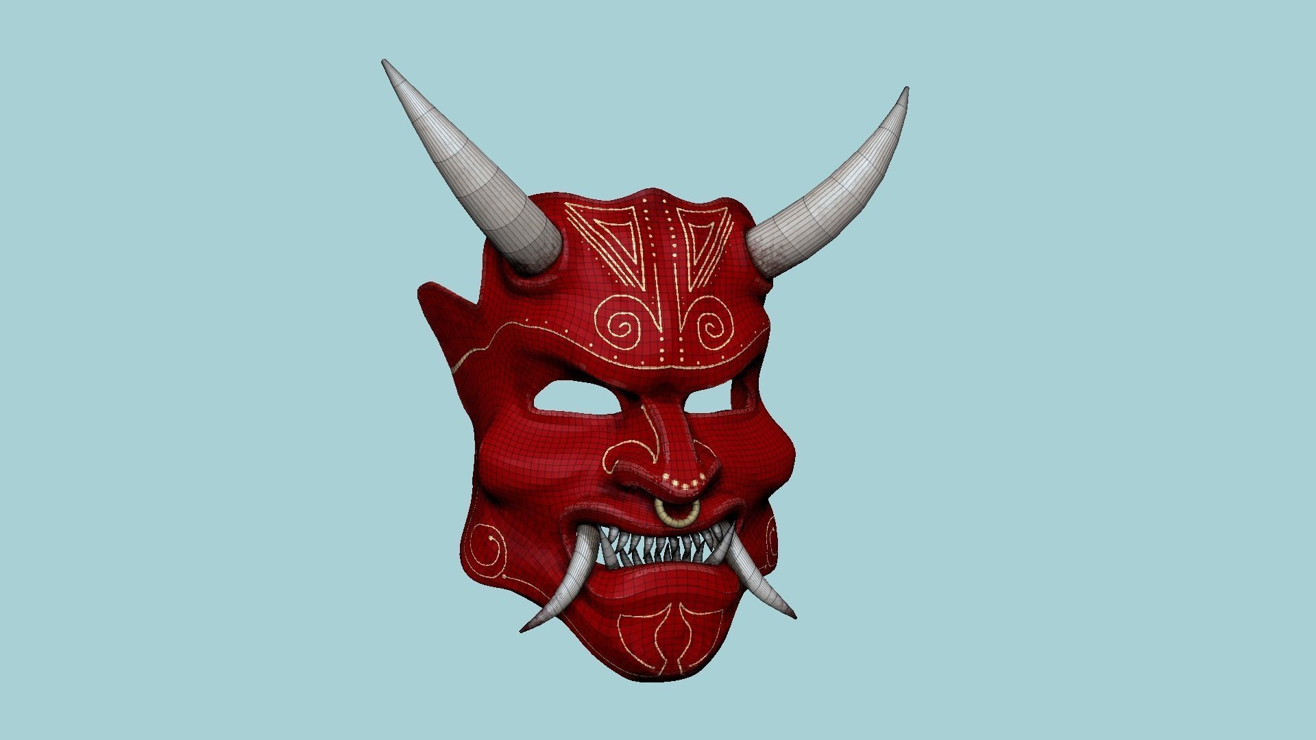 Oni Mask -2 Red White - Hannya Fantasy Character Design Low-poly 3D model_6