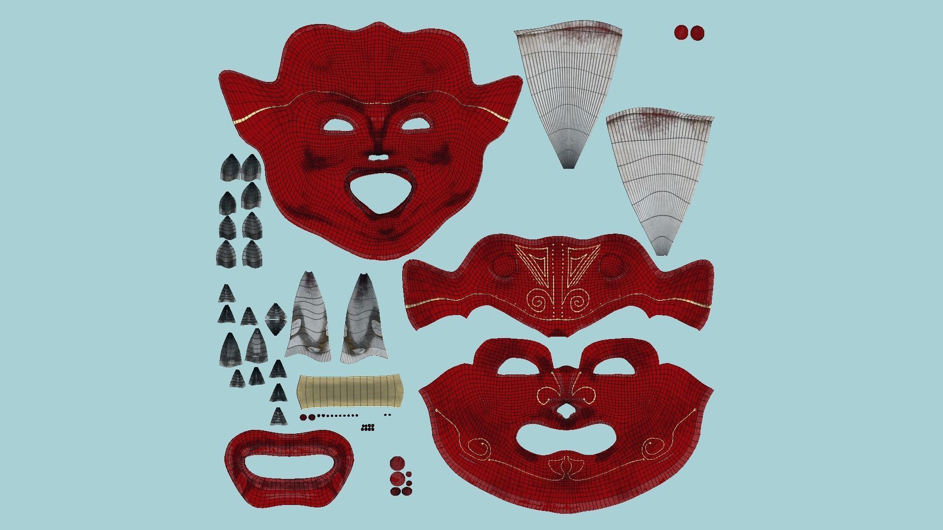 Oni Mask -2 Red White - Hannya Fantasy Character Design Low-poly 3D model_8