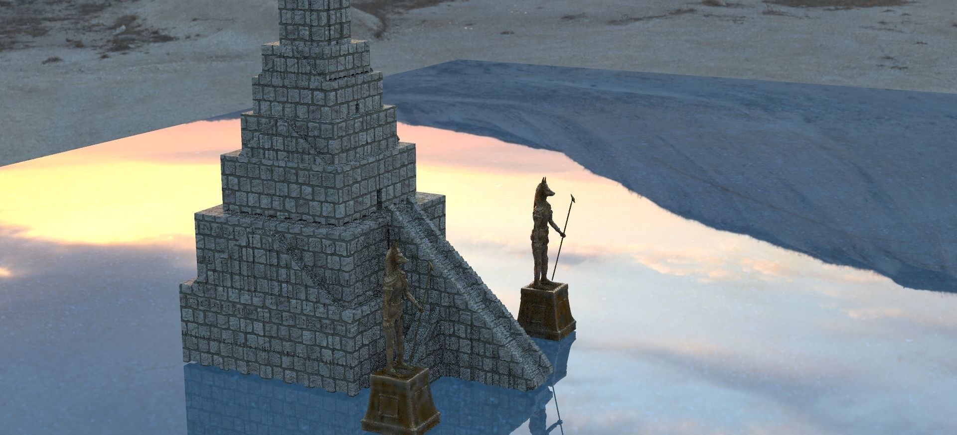 Egyptian Nile Pyramid with Anubis statues 3D model_2