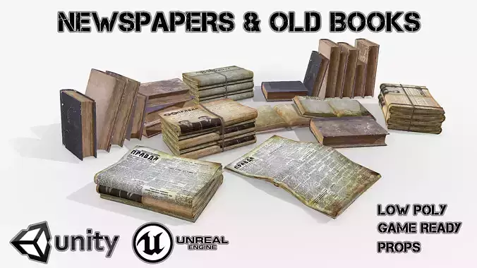 Newspapers and old books Low-poly 3D model
