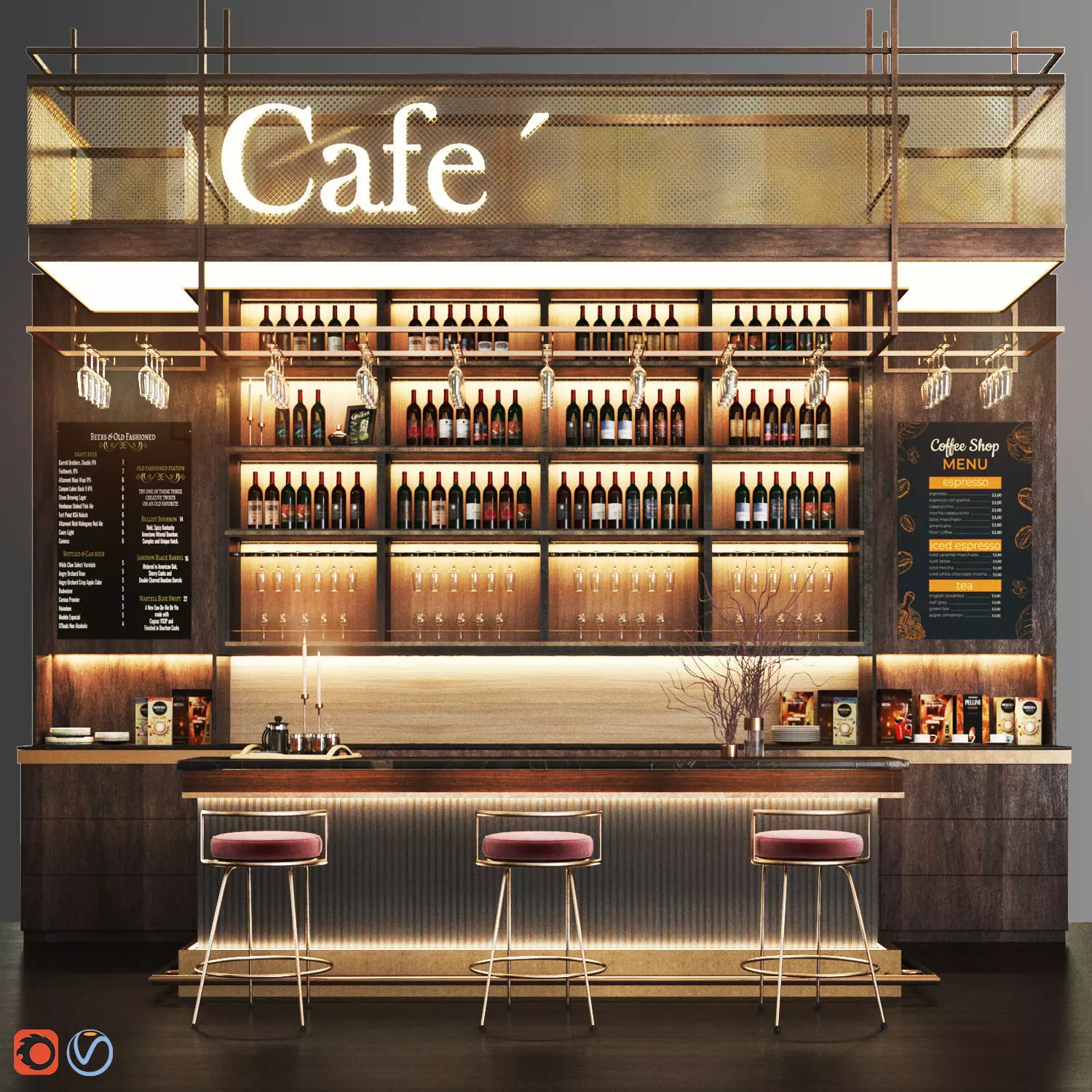 Cafe04 cafe bar with shelves and counters Low-poly 3D model_0