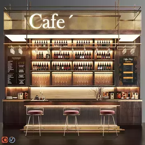 Cafe04 cafe bar with shelves and counters Low-poly 3D model