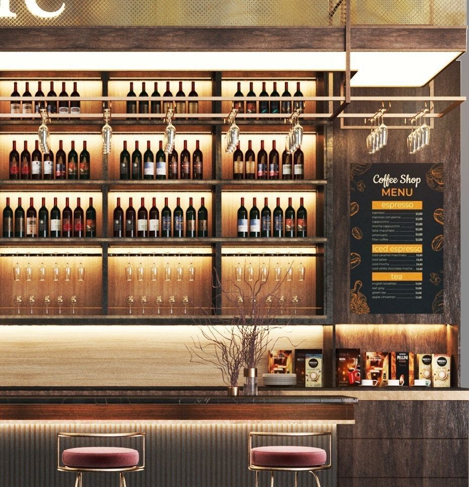 Cafe04 cafe bar with shelves and counters Low-poly 3D model_1