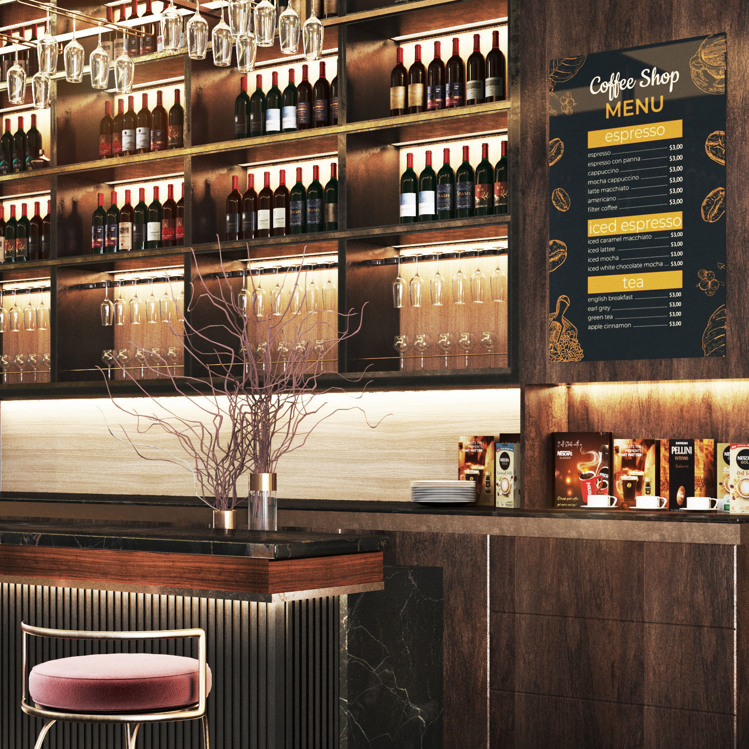 Cafe04 cafe bar with shelves and counters Low-poly 3D model_3