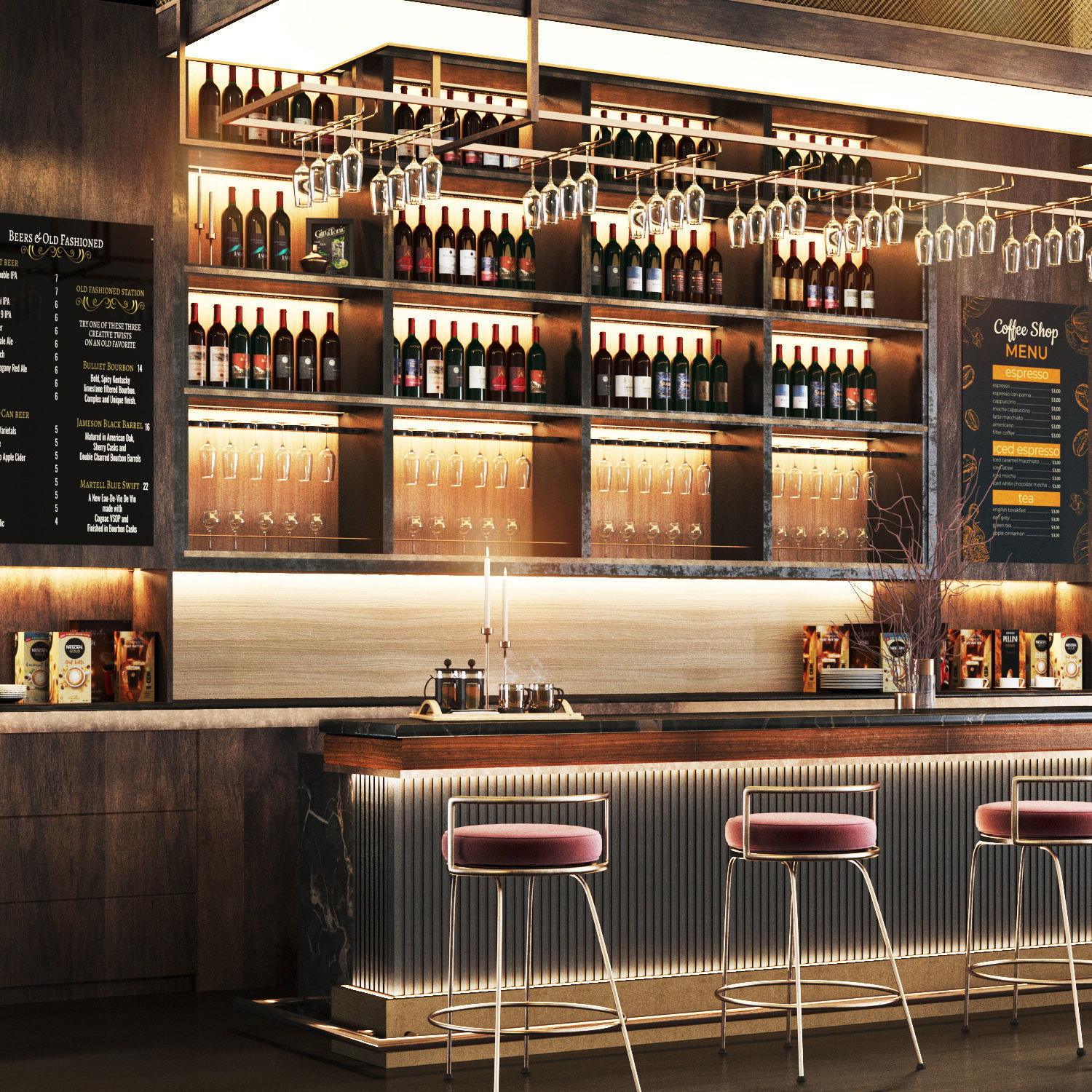 Cafe04 cafe bar with shelves and counters Low-poly 3D model_2