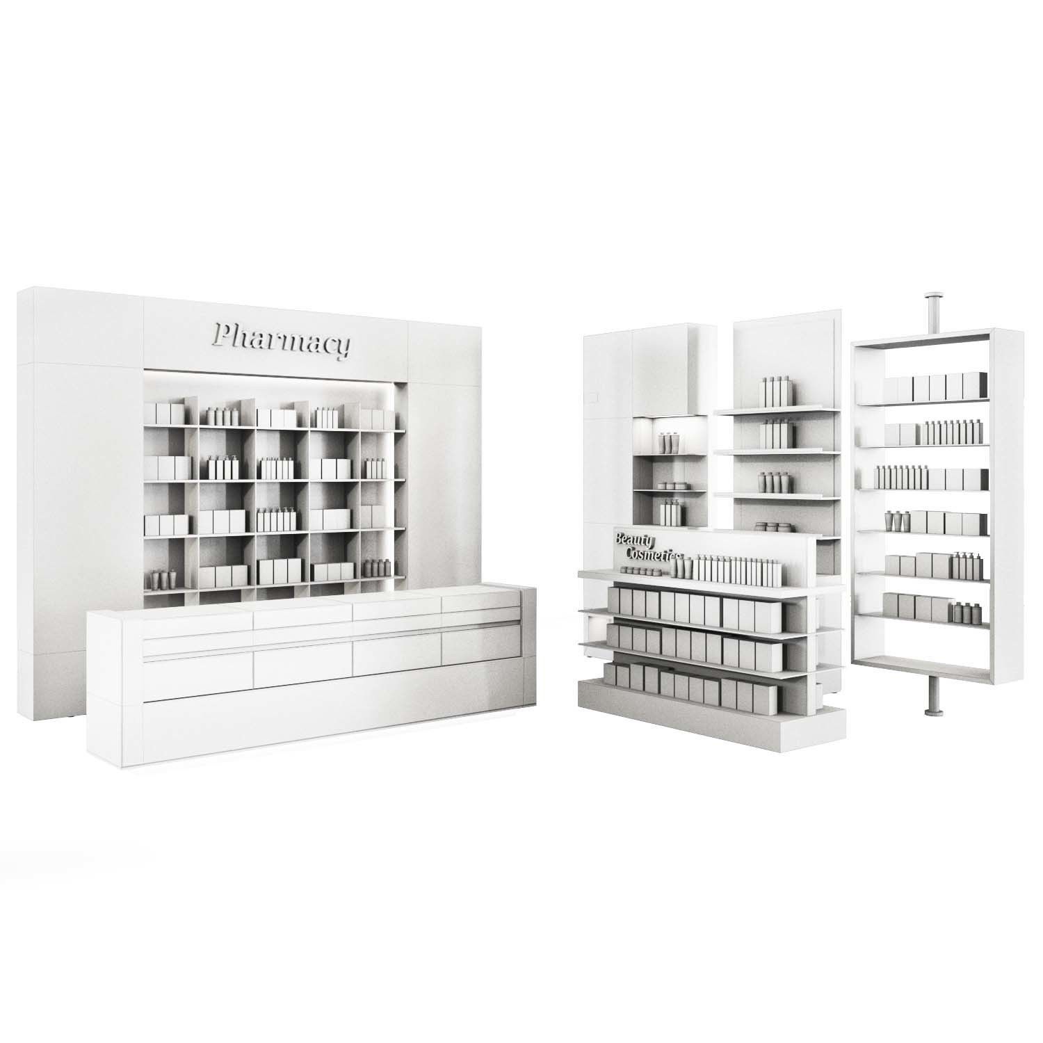 Pharmacy-Cosmetics pharmacy counter with shelves and shelves Low-poly 3D model_5