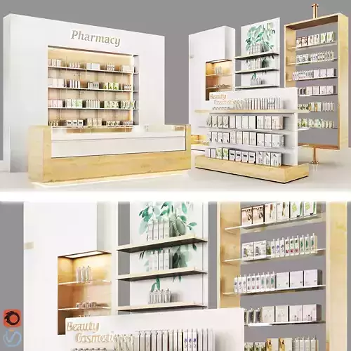Pharmacy-Cosmetics pharmacy counter with shelves and shelves Low-poly 3D model