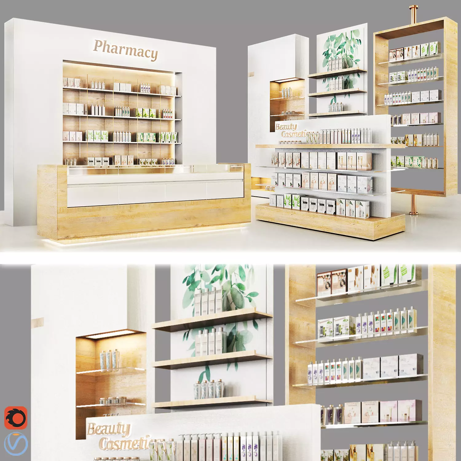 Pharmacy-Cosmetics pharmacy counter with shelves and shelves Low-poly 3D model_0