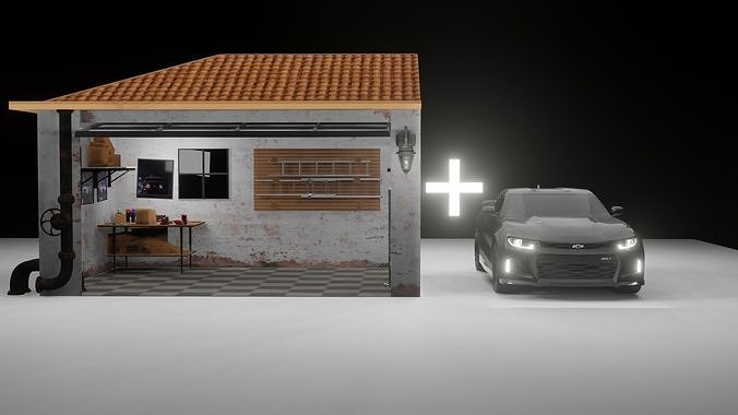 GARAGE WITH A RIGGED CAR Free low-poly 3D model
