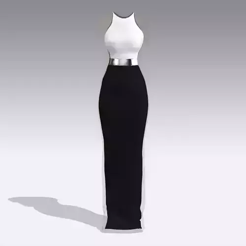 BLACK WHITE DRESS  METALIC BELT HOURGLASS LONG 