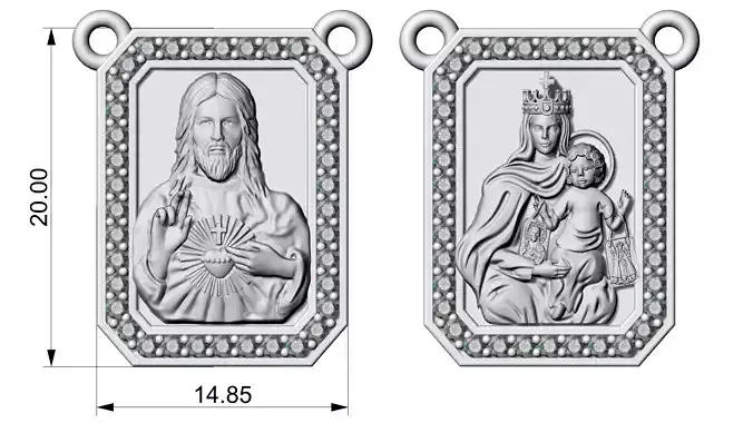 Scapular with diamonds Christ and Mary Escapulario Jesus Carmo 3D print model
