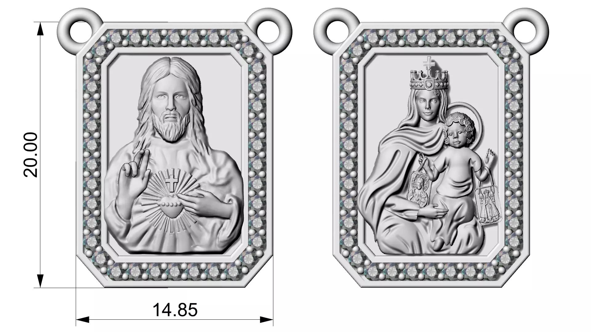 Scapular with diamonds Christ and Mary Escapulario Jesus Carmo 3D print model_0