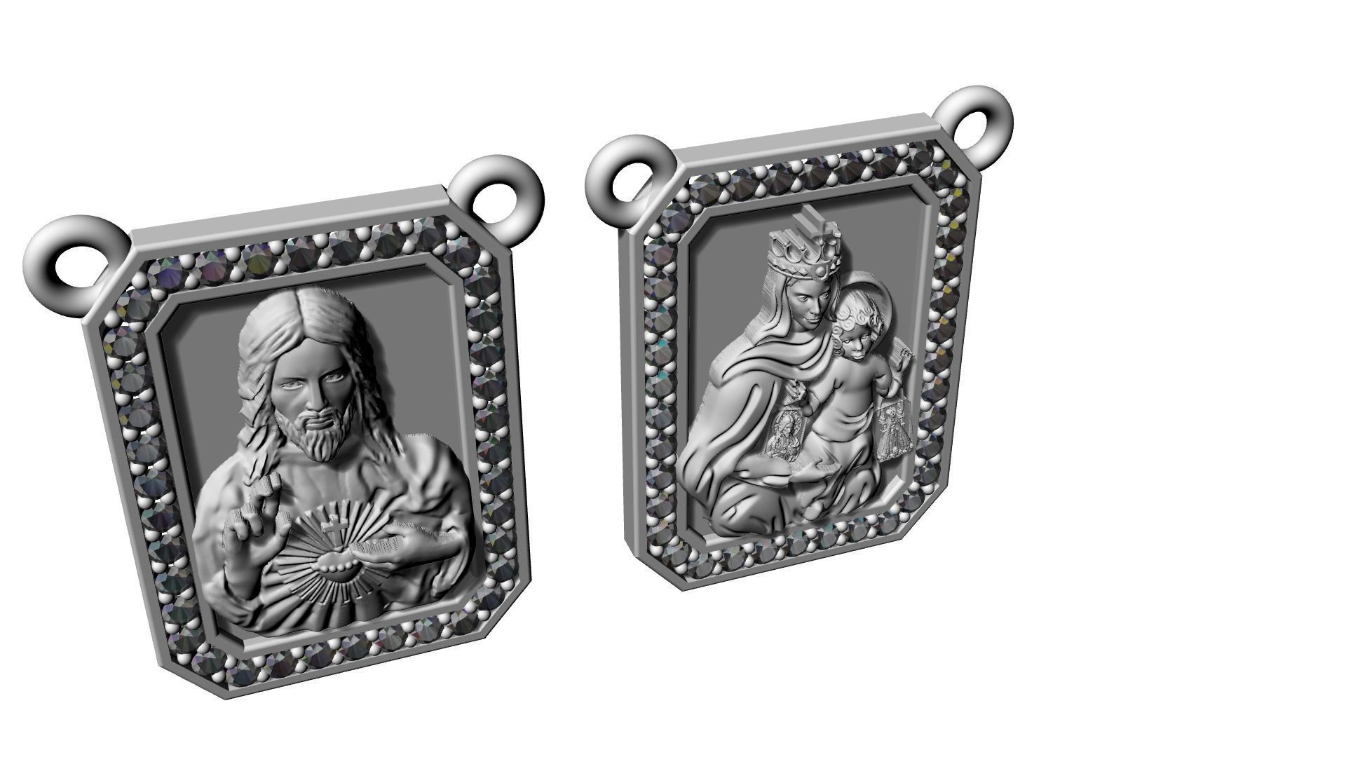 Scapular with diamonds Christ and Mary Escapulario Jesus Carmo 3D print model_11