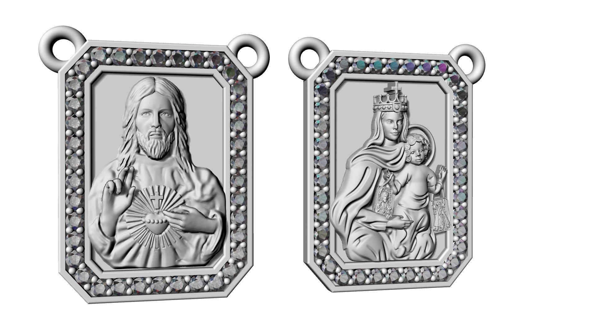 Scapular with diamonds Christ and Mary Escapulario Jesus Carmo 3D print model_1