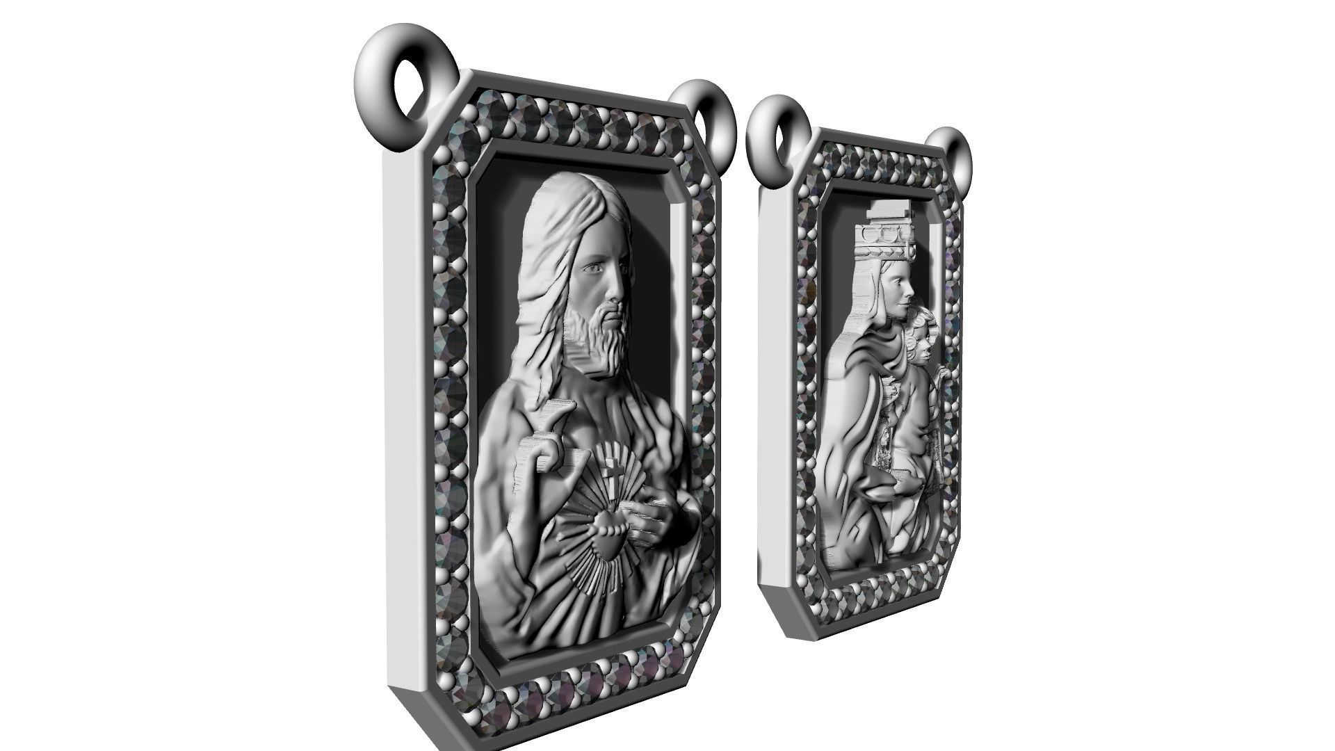 Scapular with diamonds Christ and Mary Escapulario Jesus Carmo 3D print model_3
