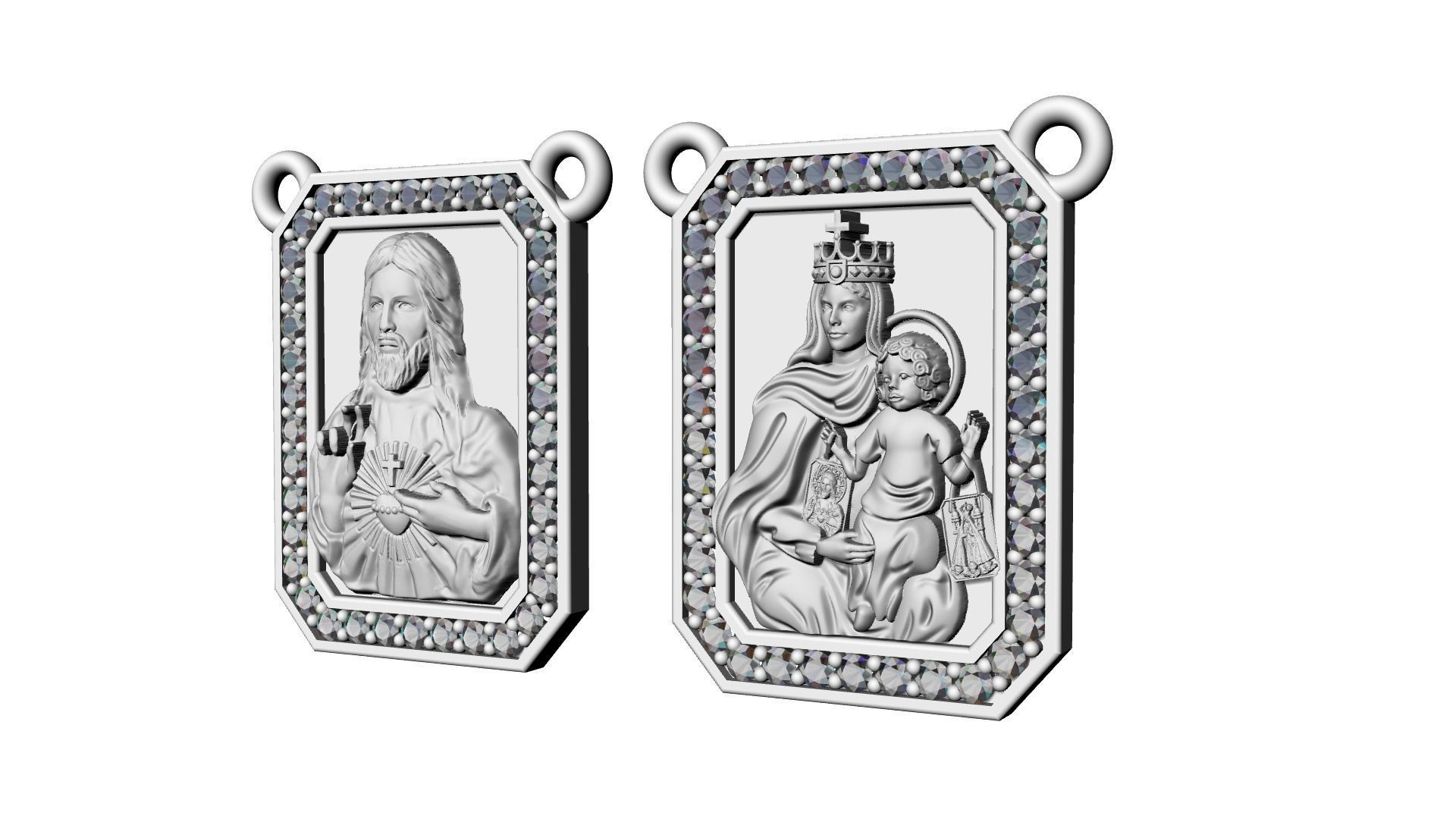 Scapular with diamonds Christ and Mary Escapulario Jesus Carmo 3D print model_9