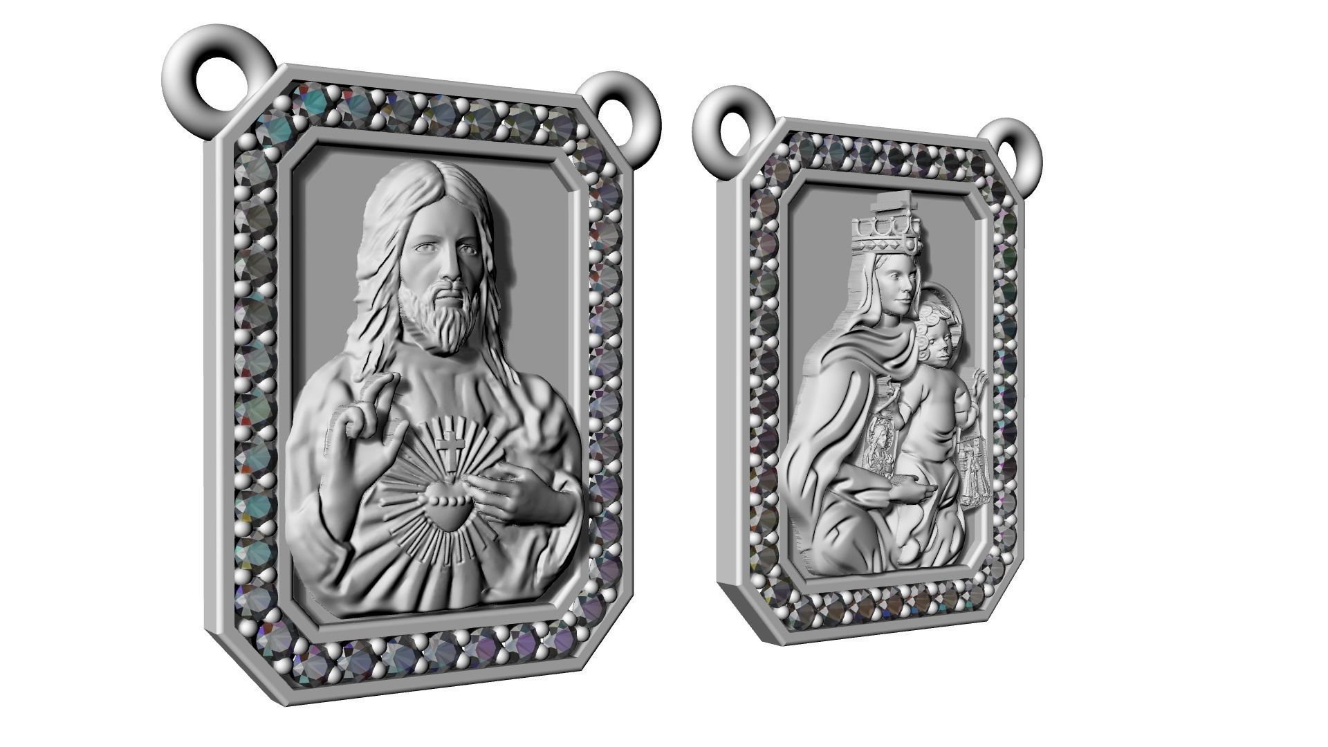 Scapular with diamonds Christ and Mary Escapulario Jesus Carmo 3D print model_2