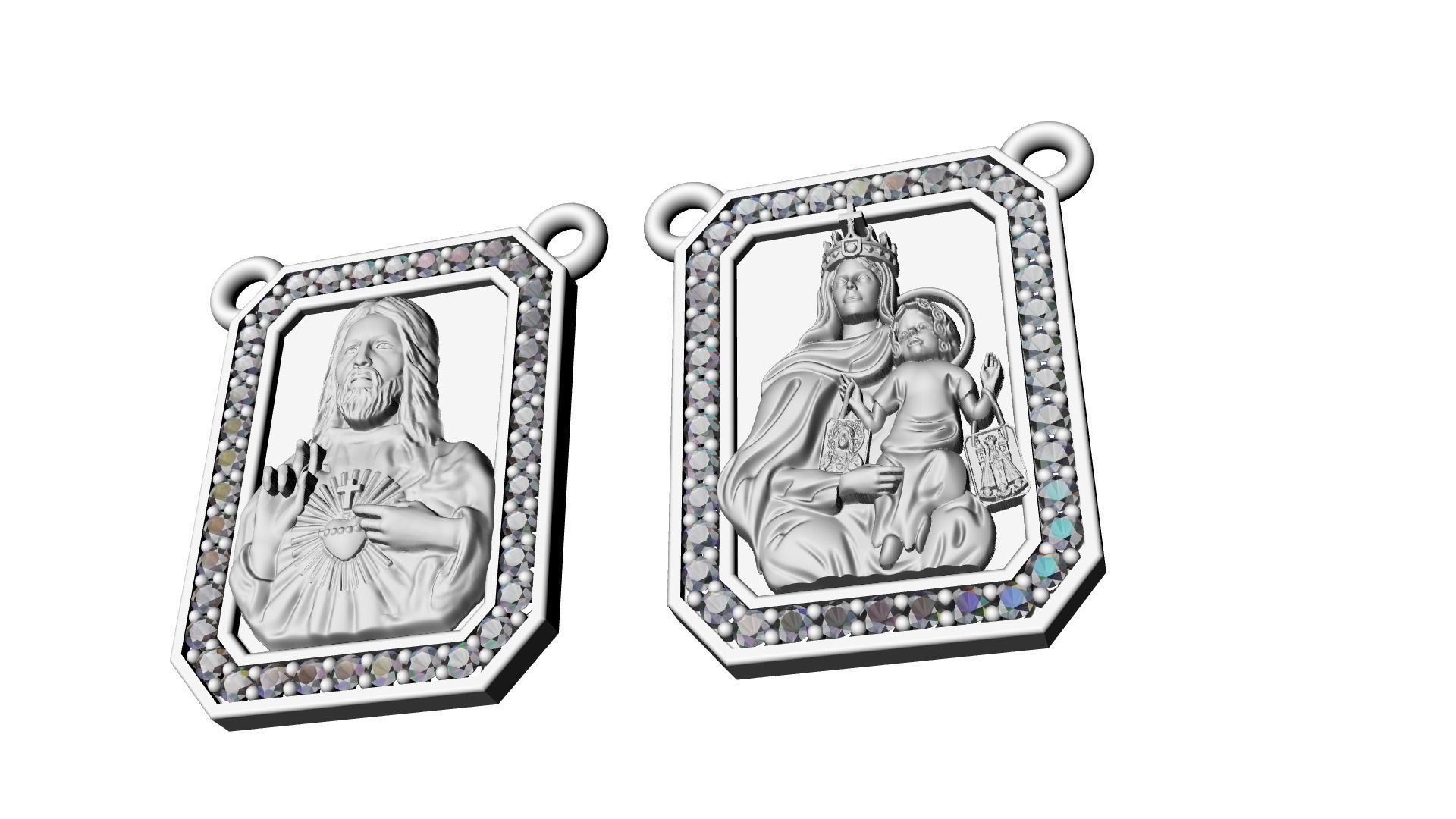 Scapular with diamonds Christ and Mary Escapulario Jesus Carmo 3D print model_10
