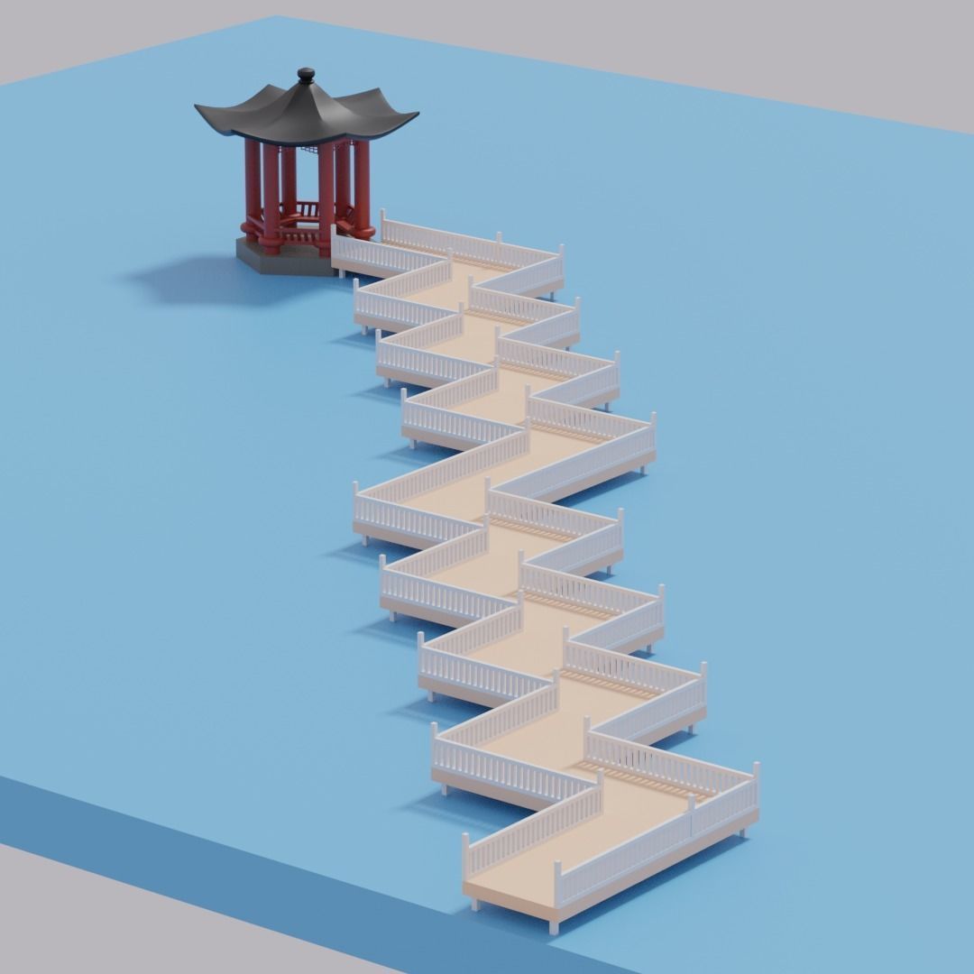 Cartoon Chinese Nine-turn bridge and Pavilion 3D model_8