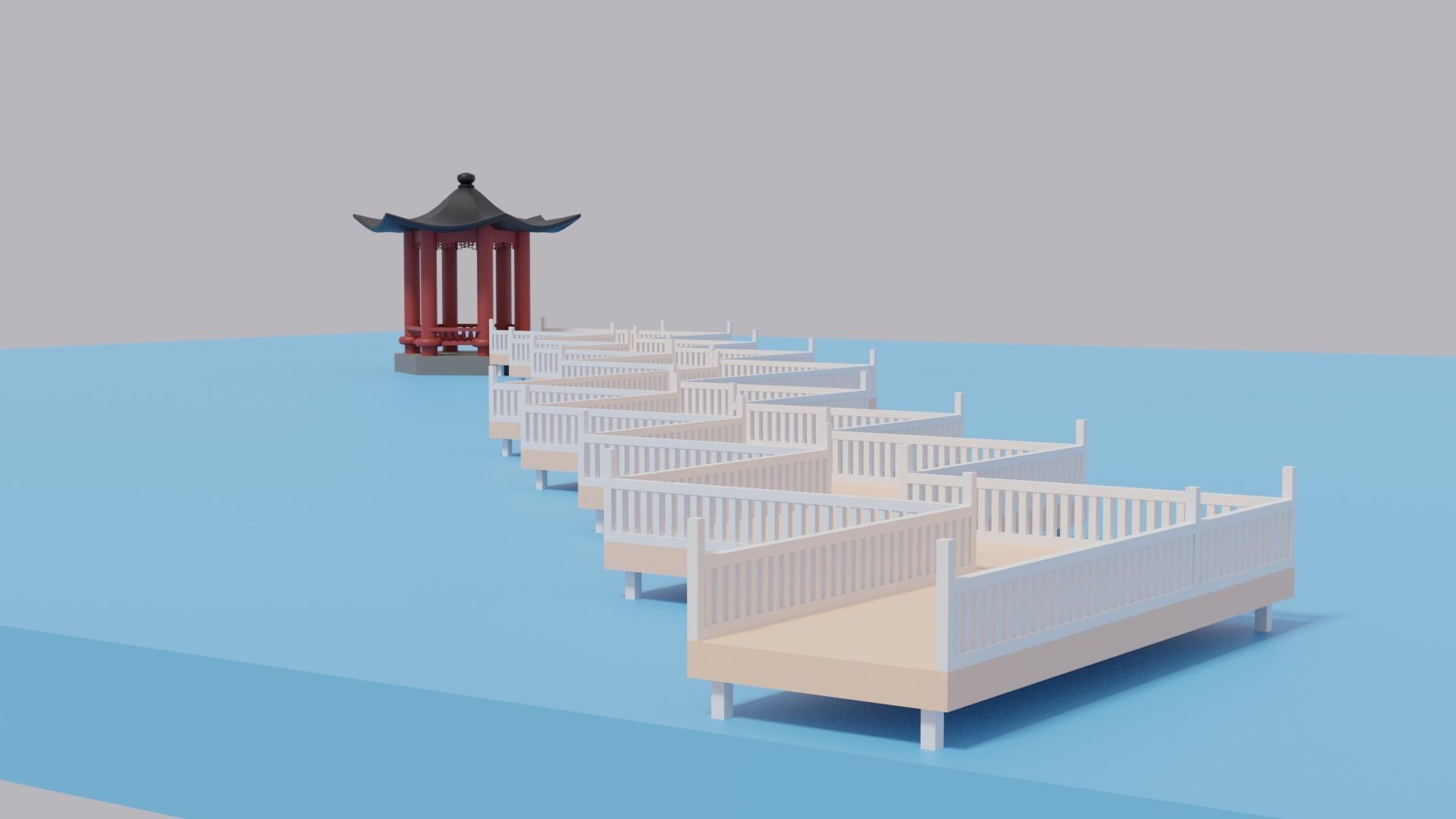 Cartoon Chinese Nine-turn bridge and Pavilion 3D model_9
