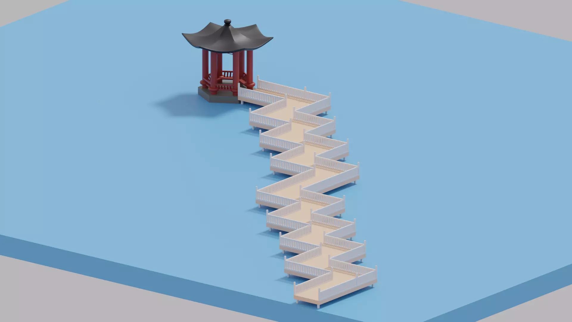 Cartoon Chinese Nine-turn bridge and Pavilion 3D model_0