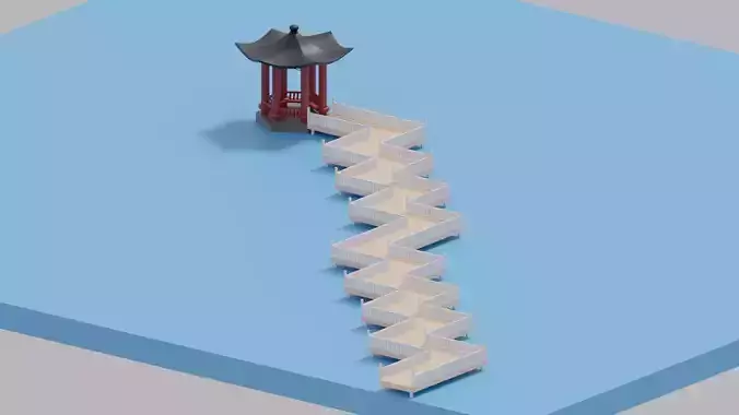 Cartoon Chinese Nine-turn bridge and Pavilion