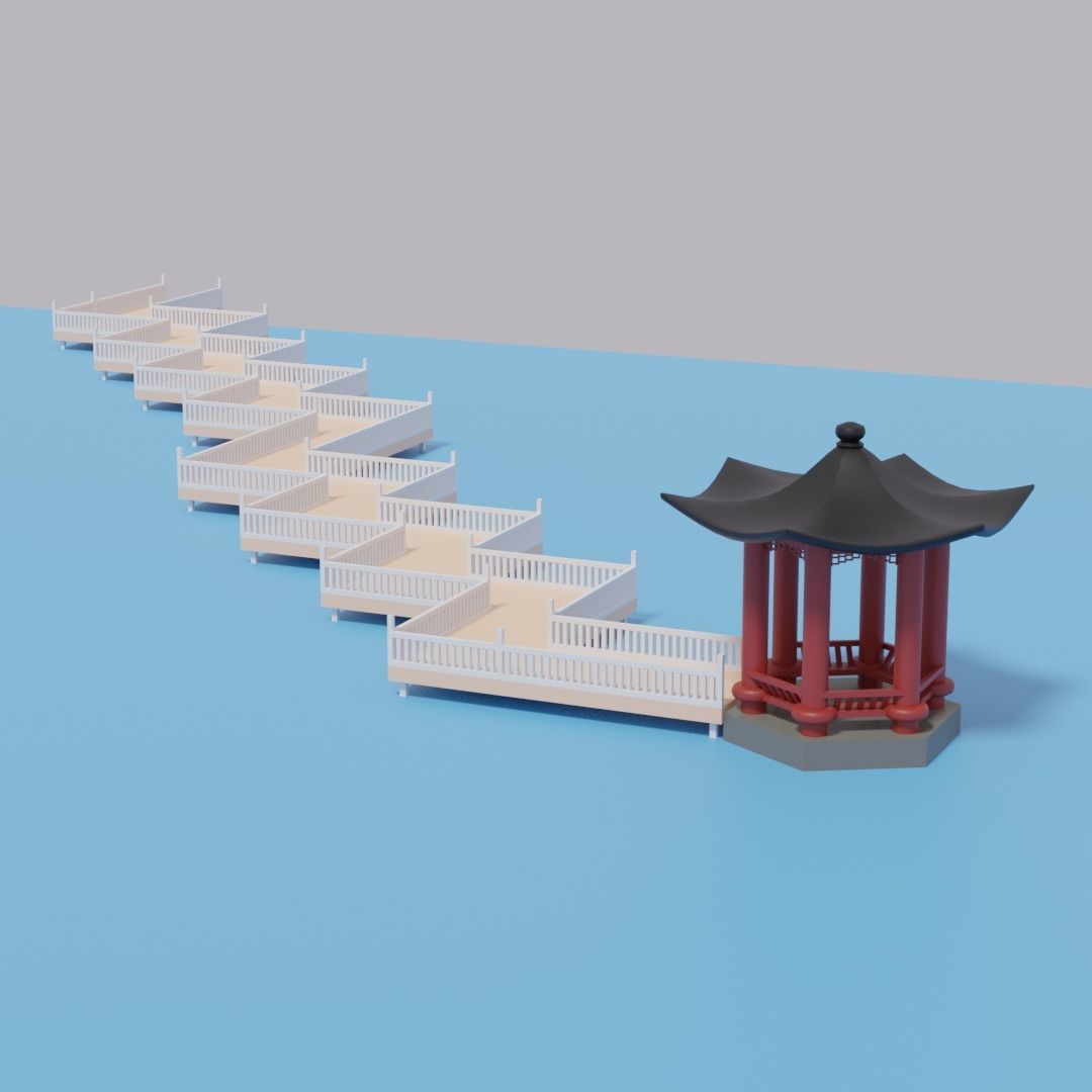 Cartoon Chinese Nine-turn bridge and Pavilion 3D model_14