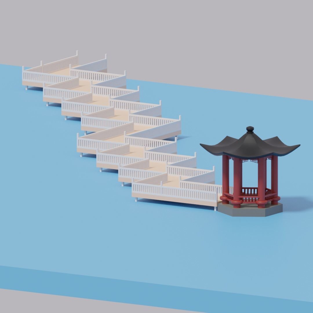 Cartoon Chinese Nine-turn bridge and Pavilion 3D model_7