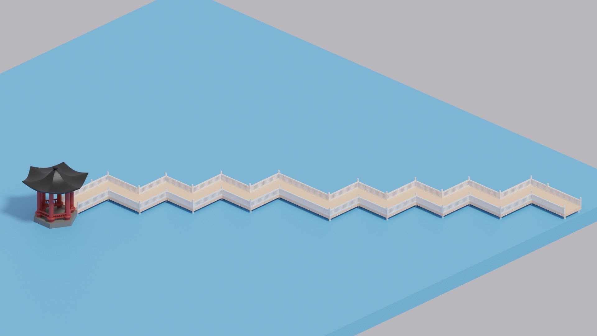 Cartoon Chinese Nine-turn bridge and Pavilion 3D model_19