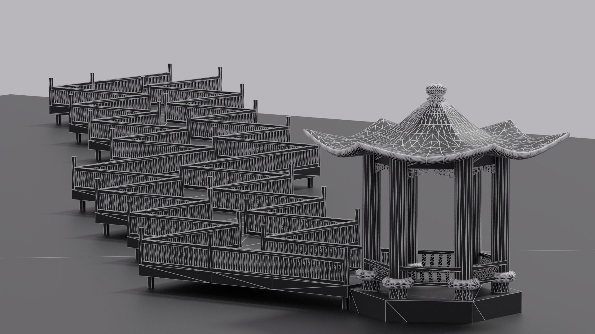 Cartoon Chinese Nine-turn bridge and Pavilion 3D model_18