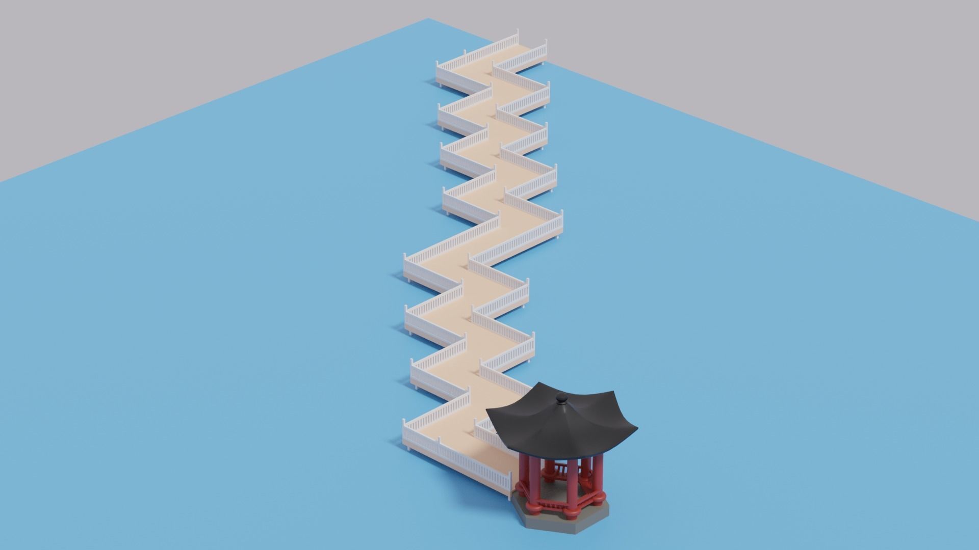 Cartoon Chinese Nine-turn bridge and Pavilion 3D model_1