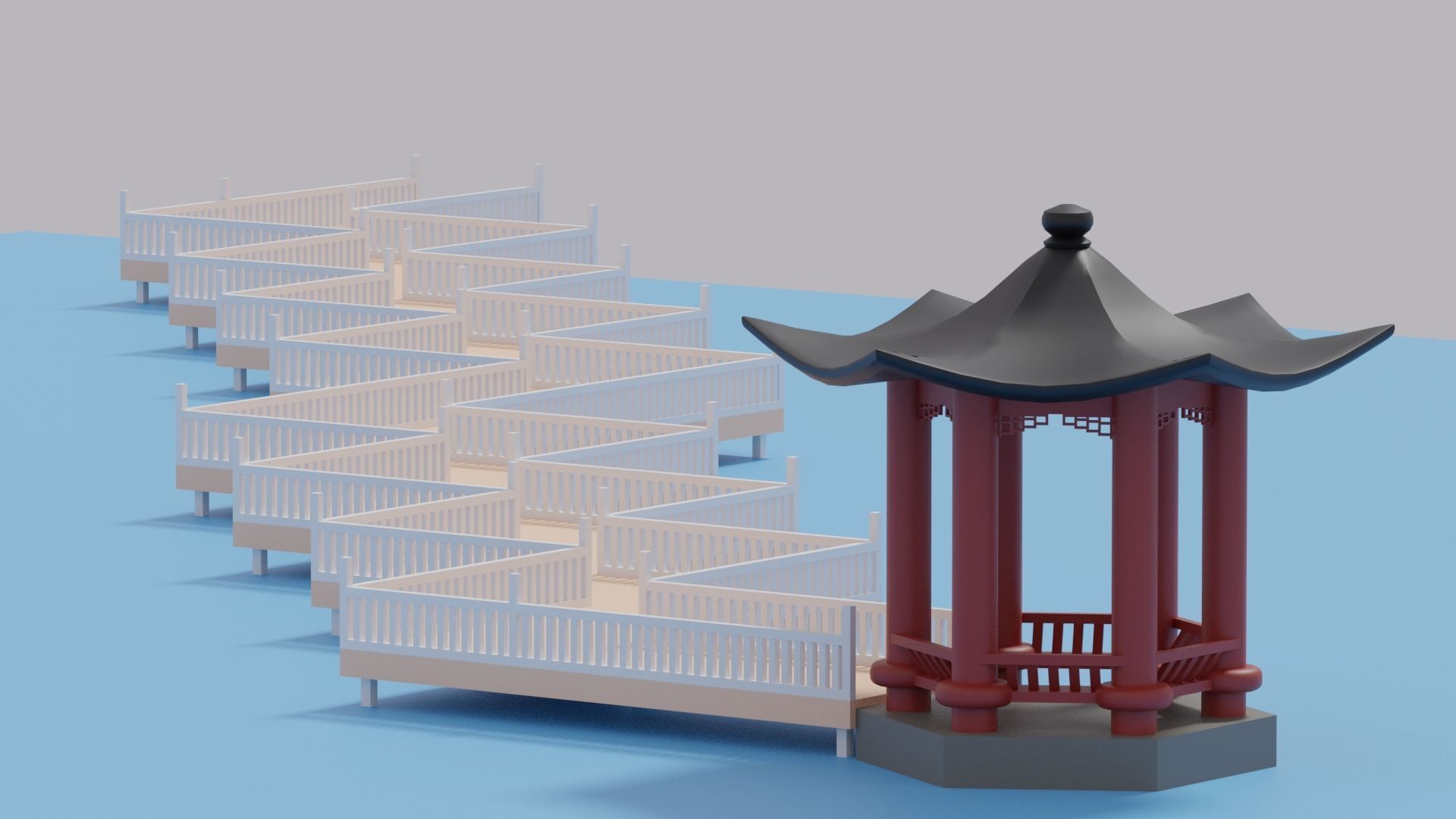 Cartoon Chinese Nine-turn bridge and Pavilion 3D model_16