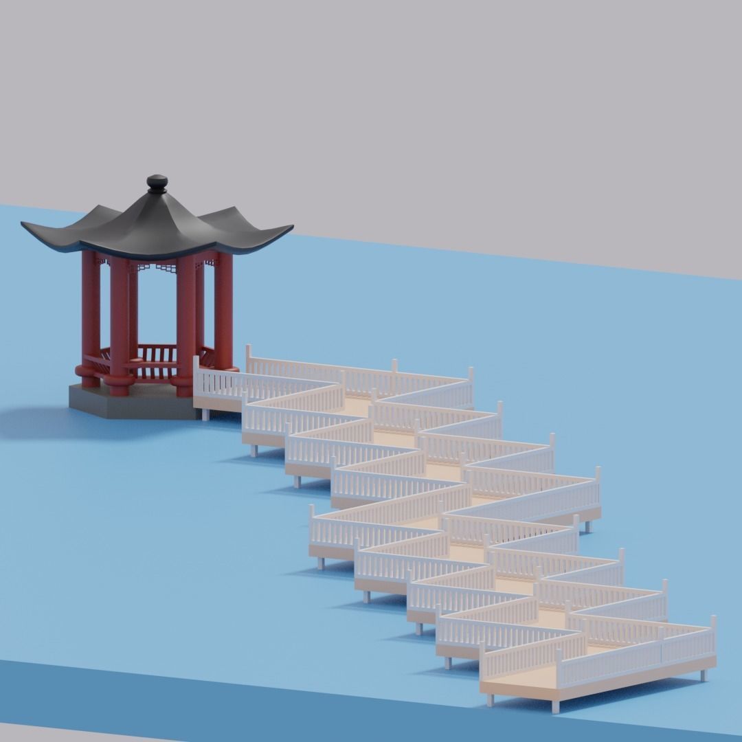 Cartoon Chinese Nine-turn bridge and Pavilion 3D model_10