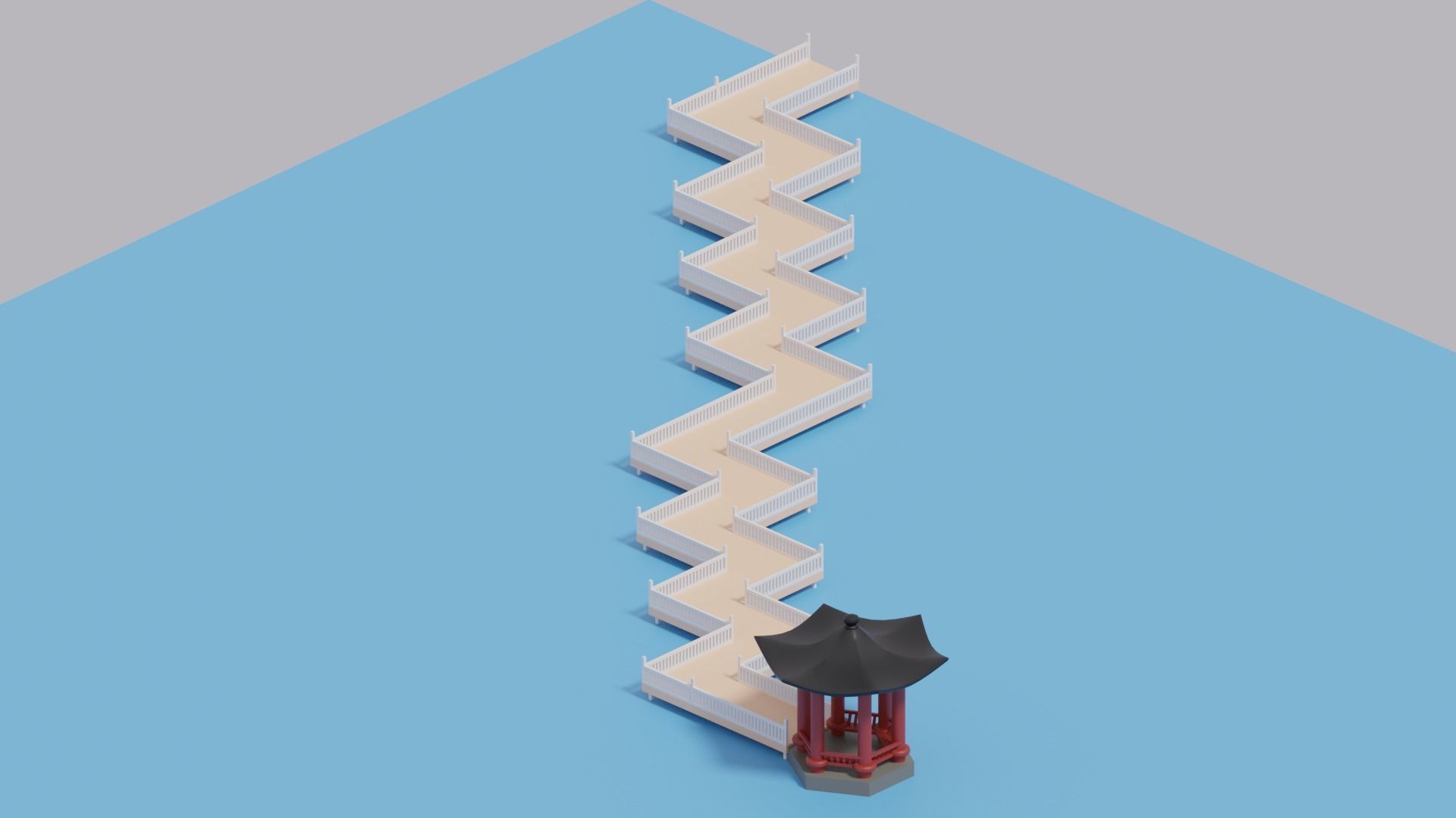 Cartoon Chinese Nine-turn bridge and Pavilion 3D model_4