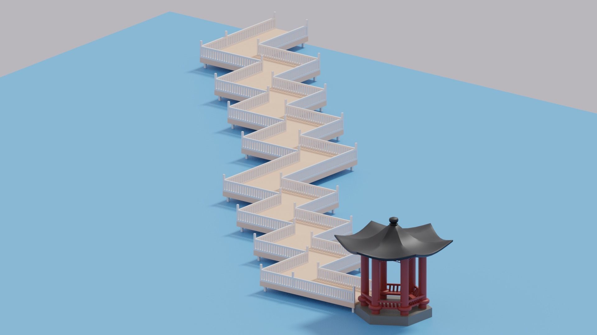 Cartoon Chinese Nine-turn bridge and Pavilion 3D model_2
