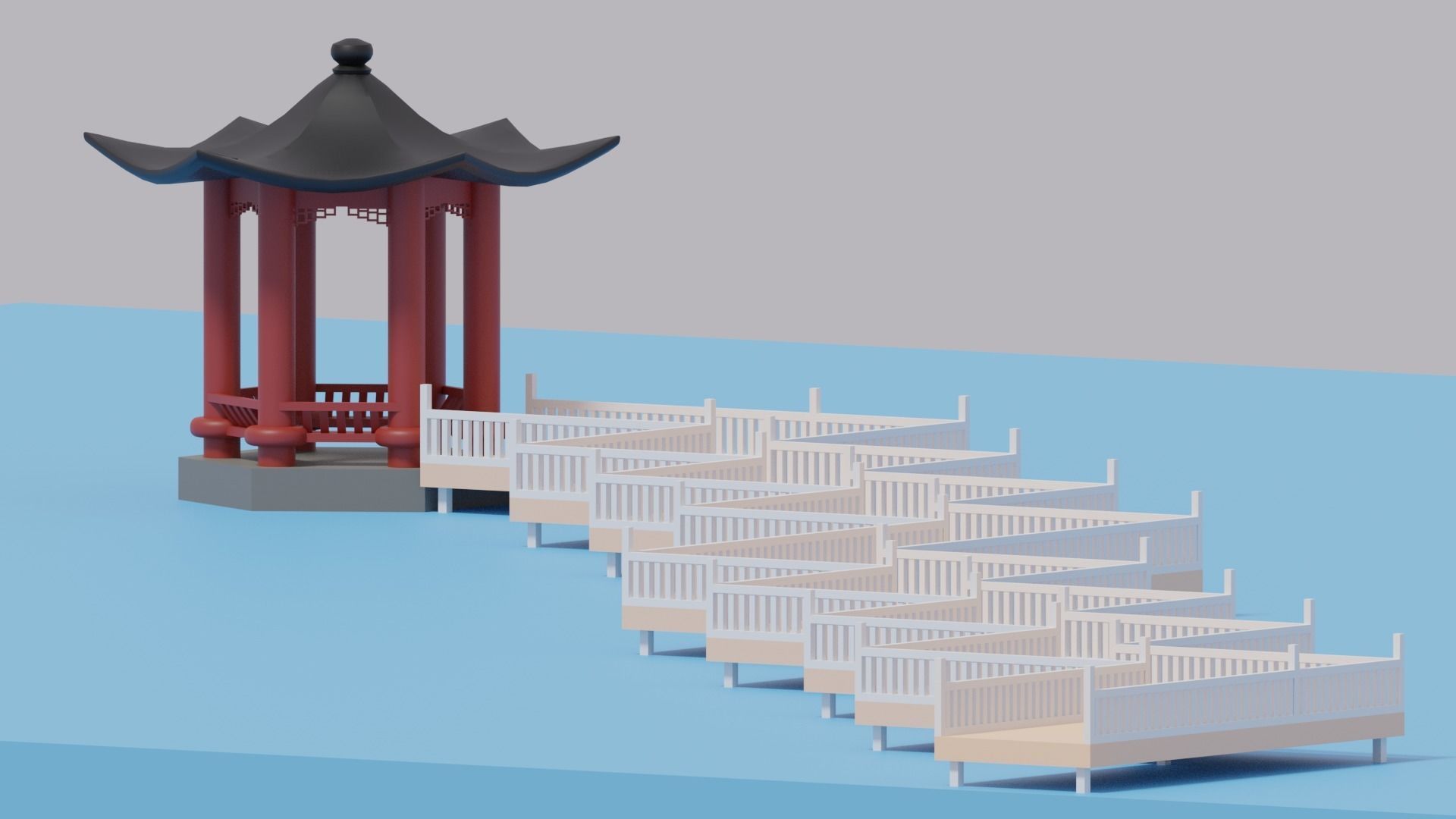 Cartoon Chinese Nine-turn bridge and Pavilion 3D model_17