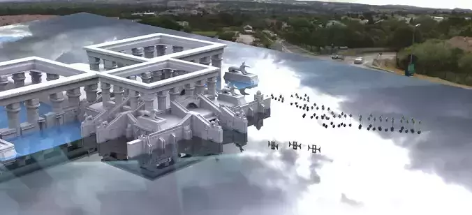 Egyptian Temple Base with Boats and Trees