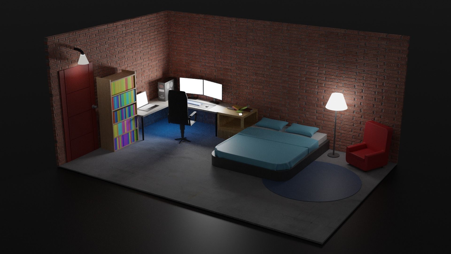 Isometric room low poly Free low-poly 3D model_1