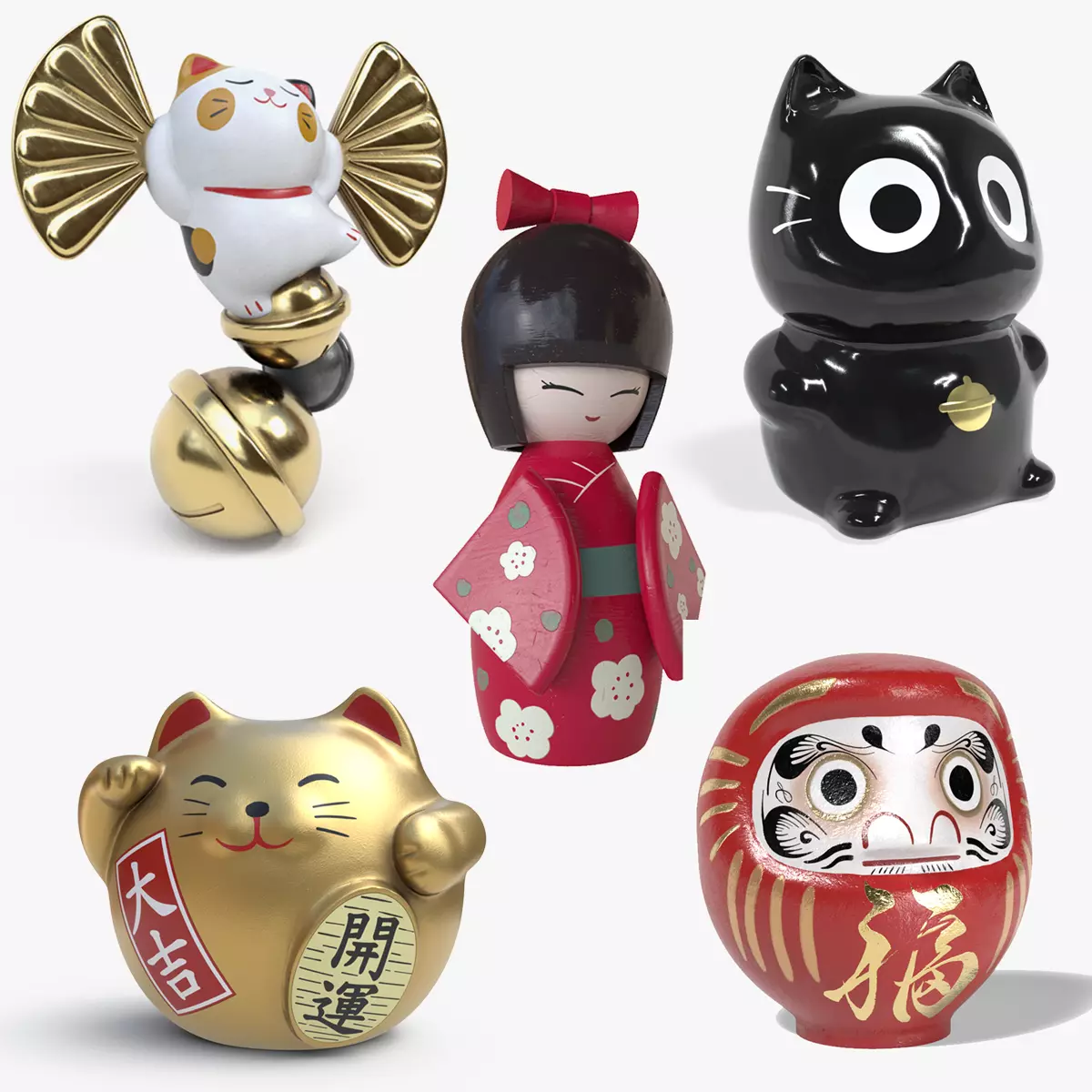 Japanese dolls and fortune cats collection 3D model_0
