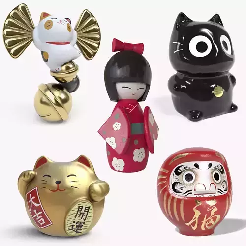 Japanese dolls and fortune cats collection 3D model