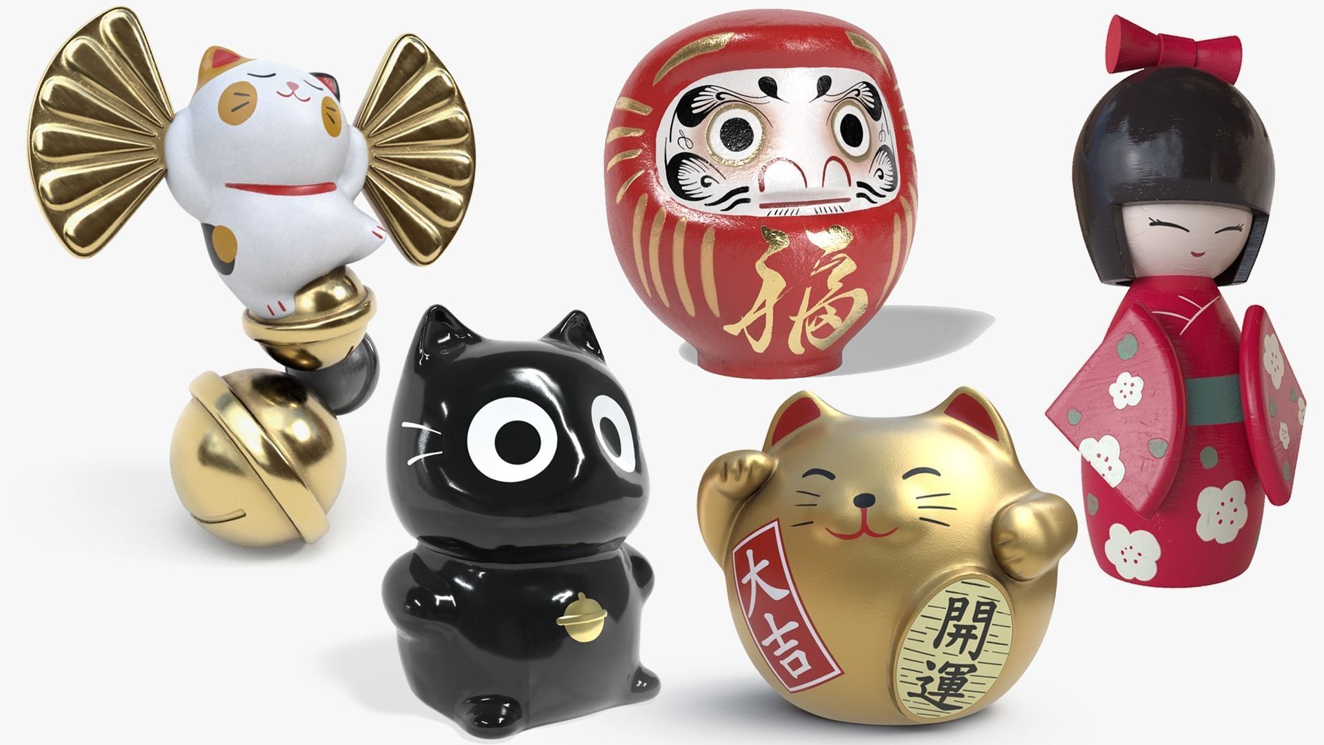 Japanese dolls and fortune cats collection 3D model_1